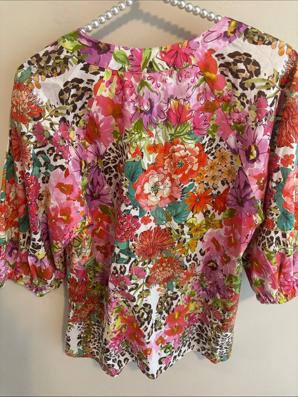 Johnny Was Wild Garden Puff Sleeve Blouse S Cotton Floral Leopard Boho Henley